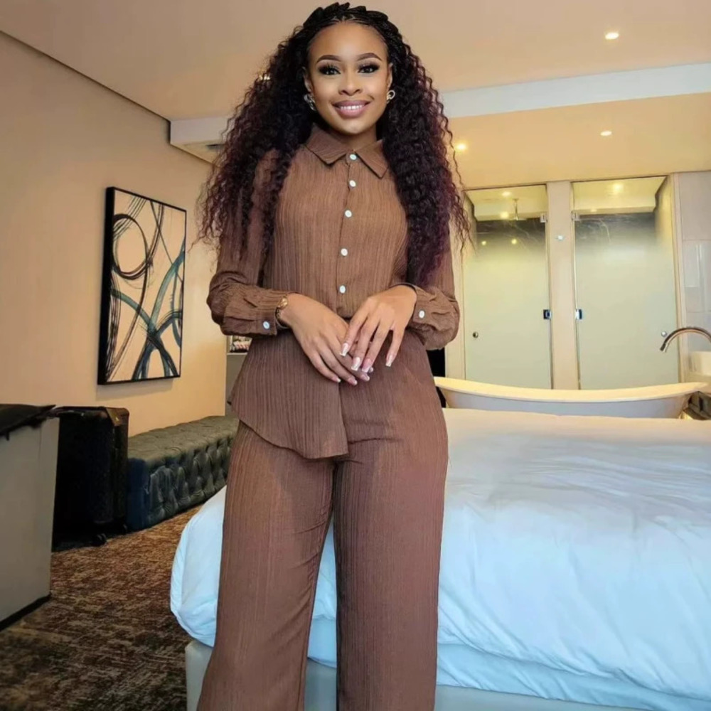 ZARA African Long Sleeve Lapel Button Solid Shirt Casual High Waist Pants 2pc